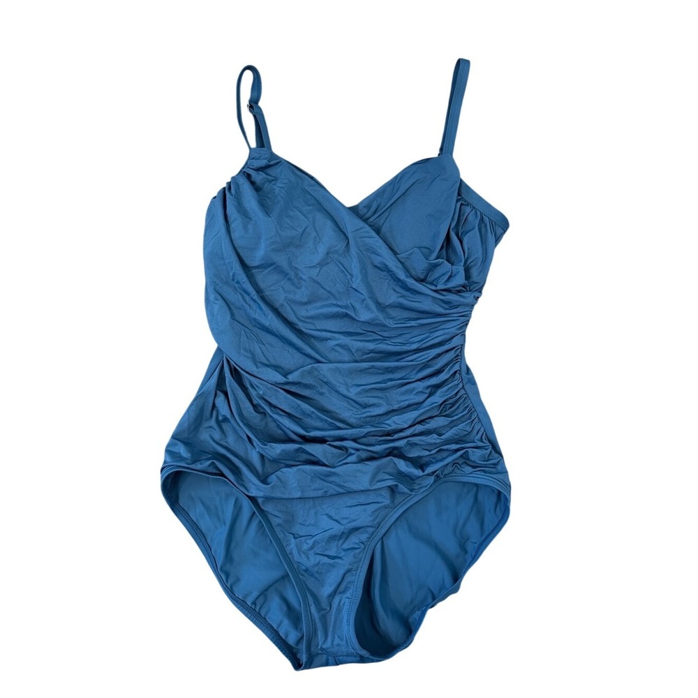 Jantzen Ruched One Piece Swimsuit Blue Tummy Control Padded Size 12